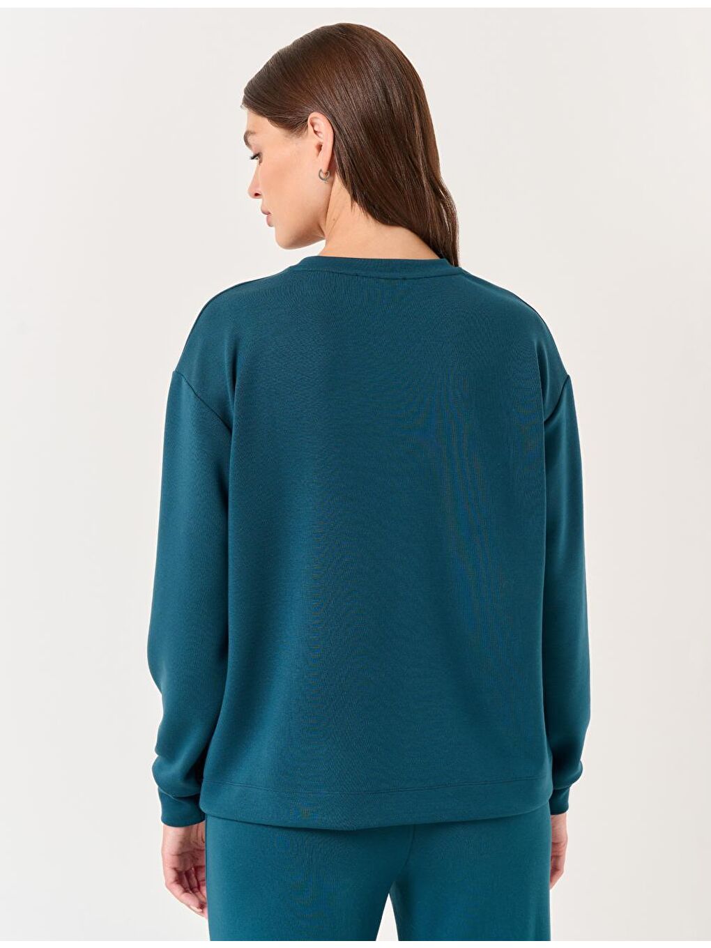 Koyu Yeşil Bisiklet Yaka Uzun Kollu Basic Sweatshirt-5