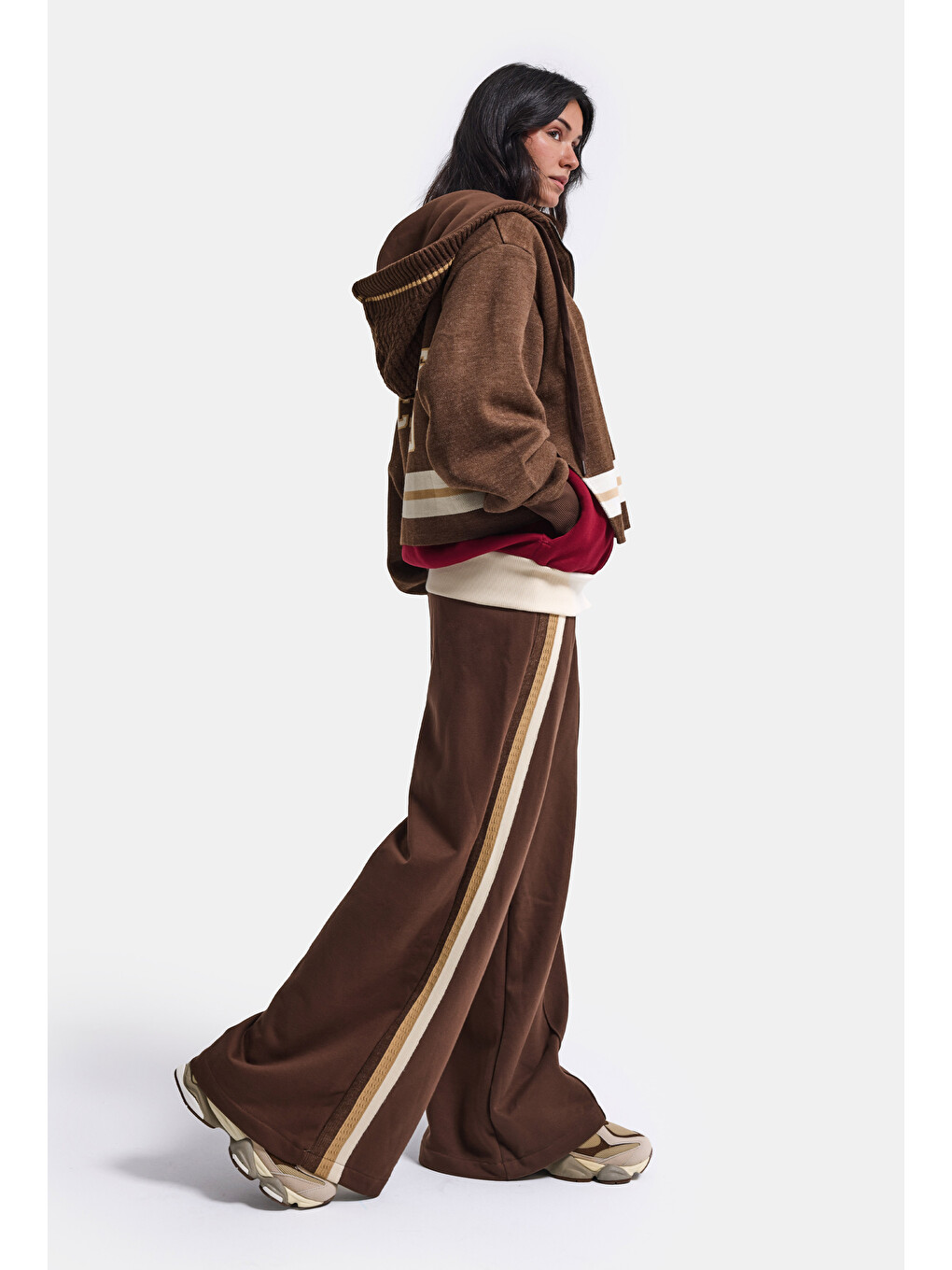 Kahverengi Kadın Kahve W6-16 Üst Sweatshirt Polar Alt Eşofman Pantolon 2'li Tasarım Takım-3