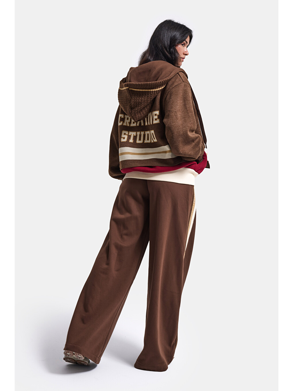 Kahverengi Kadın Kahve W6-16 Üst Sweatshirt Polar Alt Eşofman Pantolon 2'li Tasarım Takım-6