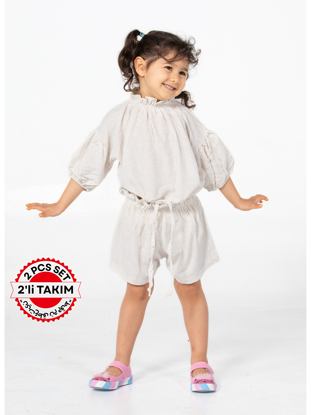 Casabony Ekru Keten Kız Şort + Tunik Takım