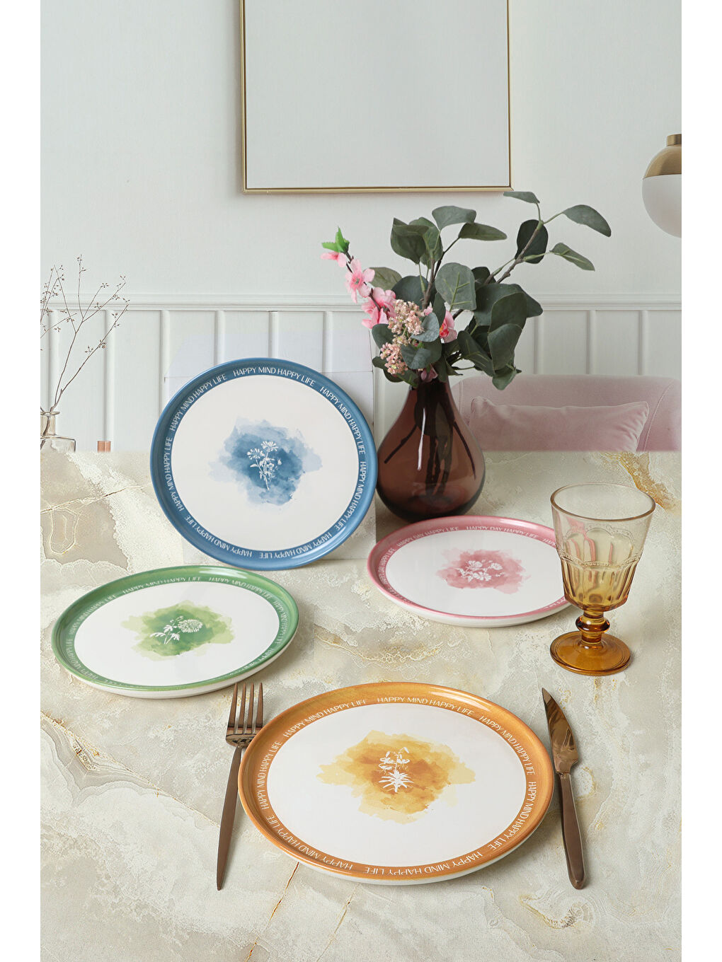 Karışık Flowers Mottolu Nordic Pasta Tabağı 22 Cm 4 Adet-1