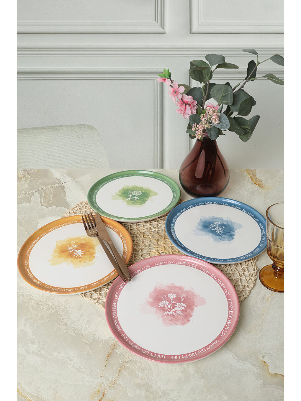 Karışık Flowers Mottolu Nordic Pasta Tabağı 22 Cm 4 Adet-2