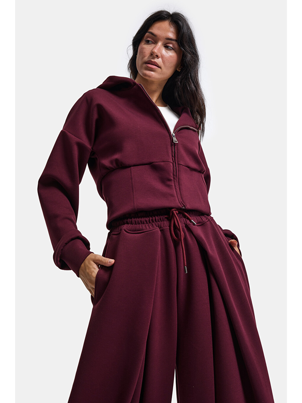 Kadın Bordo W6-35 Üst Polar Alt Eşofman Pantolon 2'li Takım
