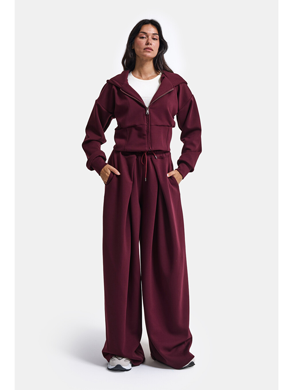 Kadın Bordo W6-35 Üst Polar Alt Eşofman Pantolon 2'li Takım-1