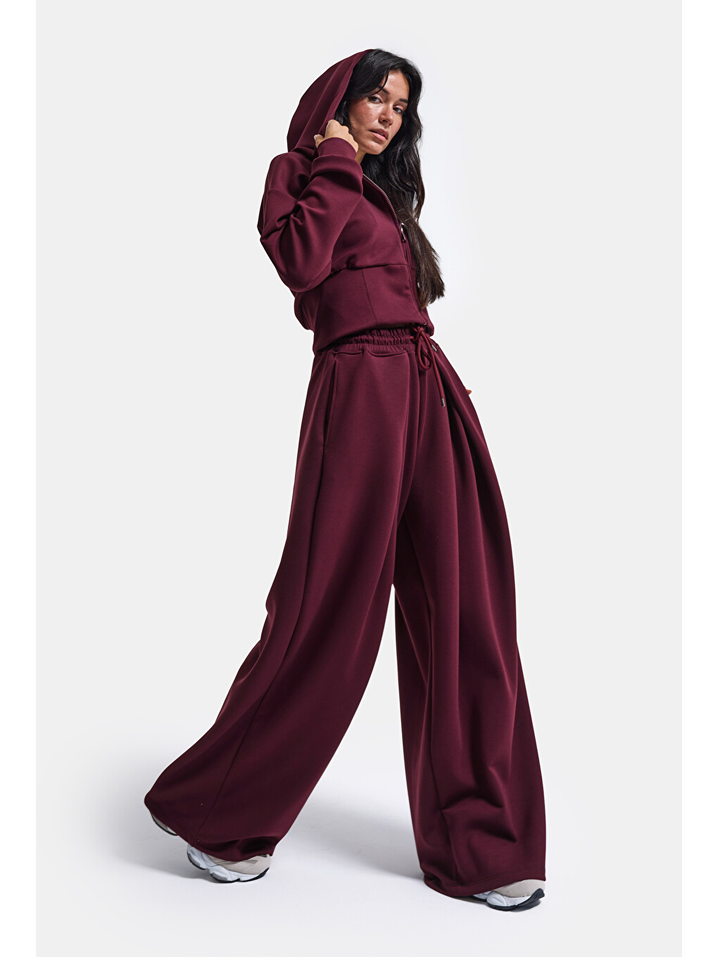 Kadın Bordo W6-35 Üst Polar Alt Eşofman Pantolon 2'li Takım-2
