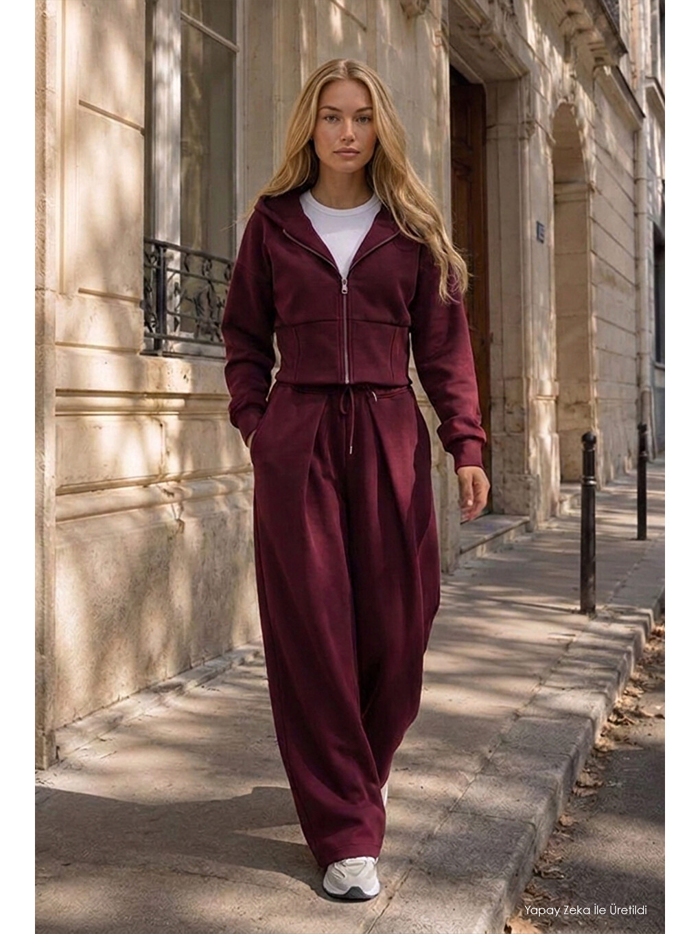 Kadın Bordo W6-35 Üst Polar Alt Eşofman Pantolon 2'li Takım-3
