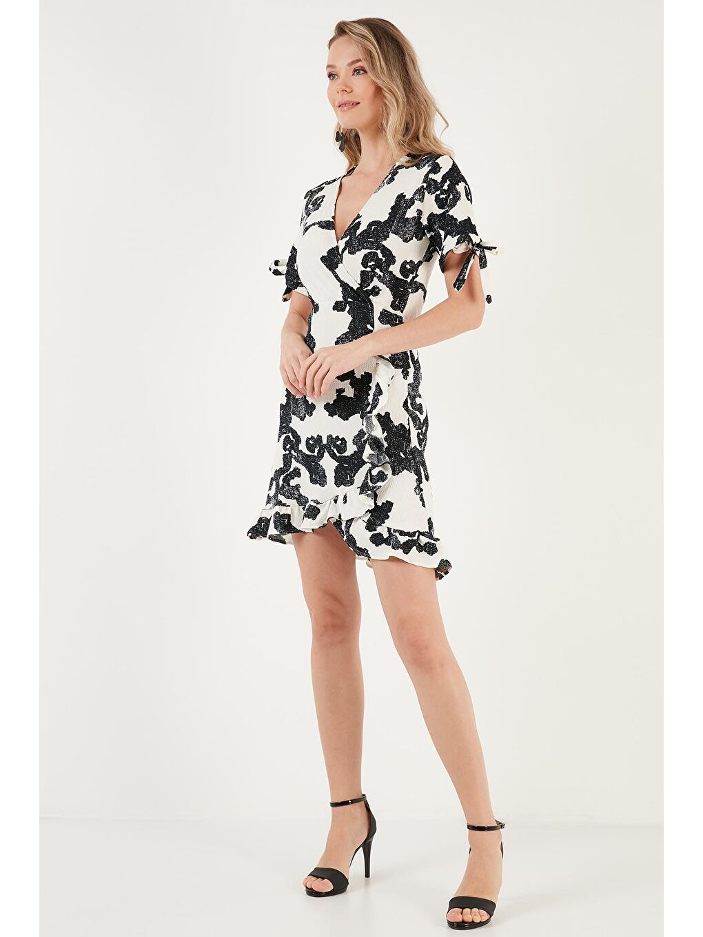 Lila Kruvaze Yaka Fırfır Detaylı Mini Elbise Kadın ELBİSE 5865076-1