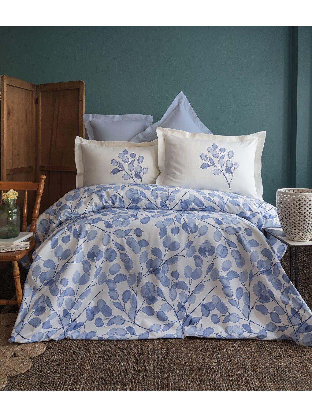 Beyaz %100 Pamuk Saten Çift Kişilik Nevresim Takımı - Alisse Blue