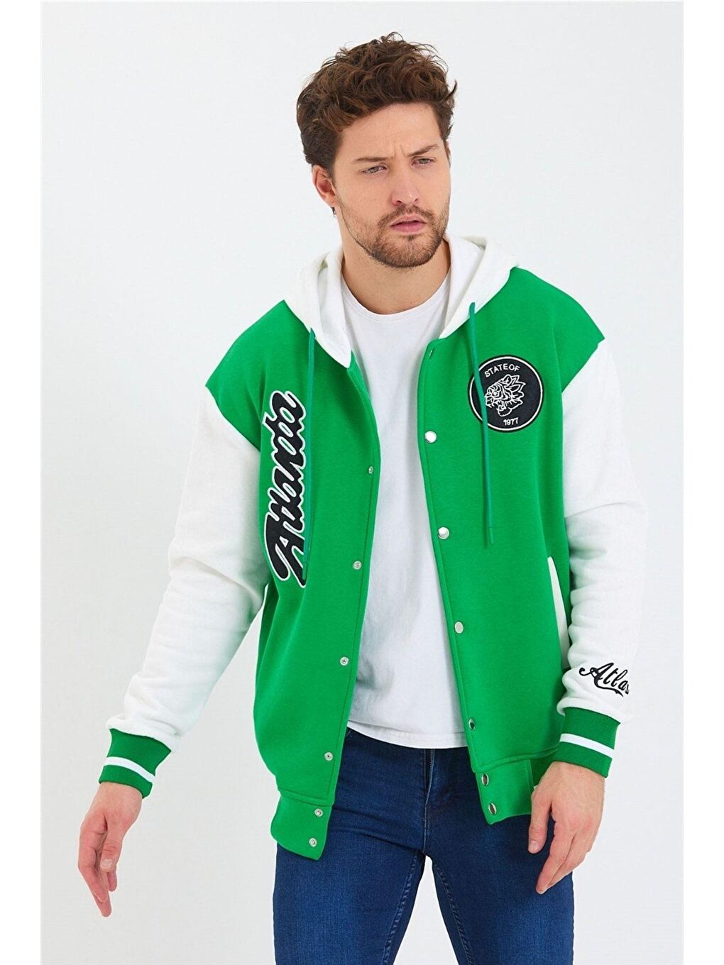 Erkek Yeşil Nakışlı Kapüşonlu Kolej Ceket