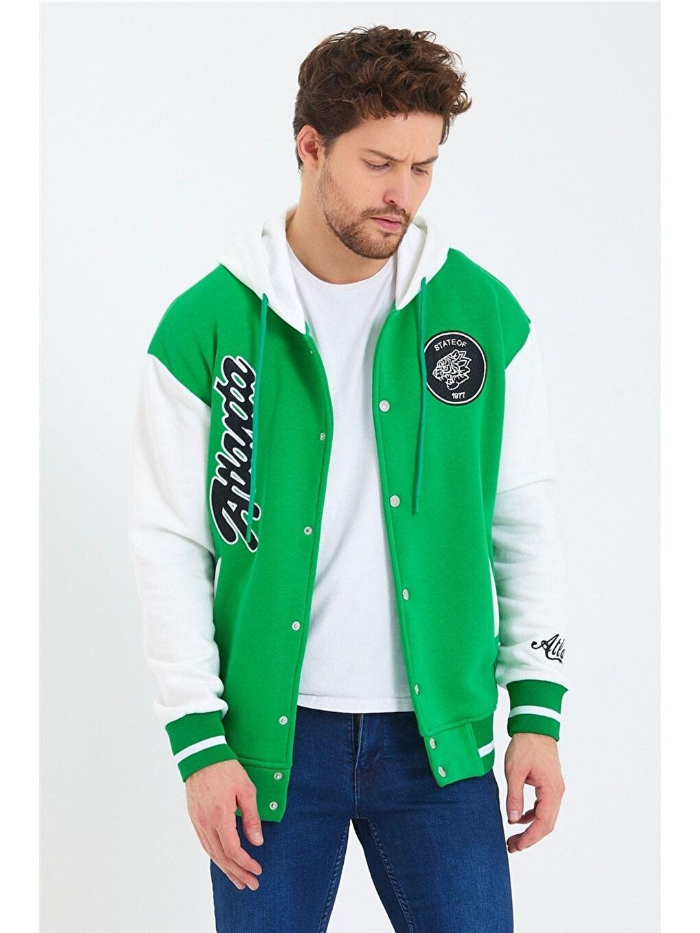 Erkek Yeşil Nakışlı Kapüşonlu Kolej Ceket-1