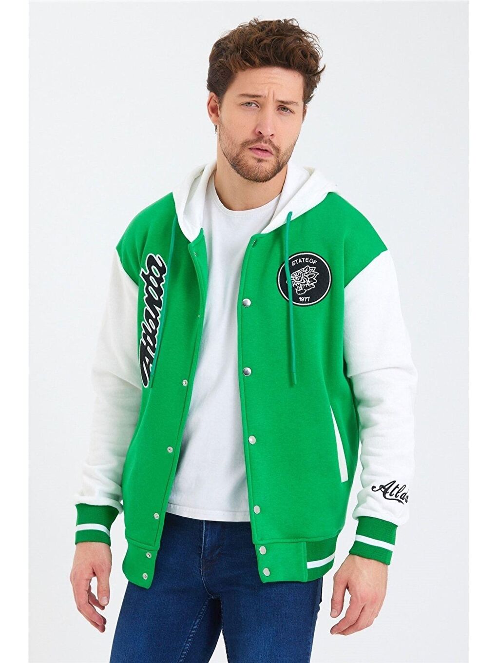 Erkek Yeşil Nakışlı Kapüşonlu Kolej Ceket-2