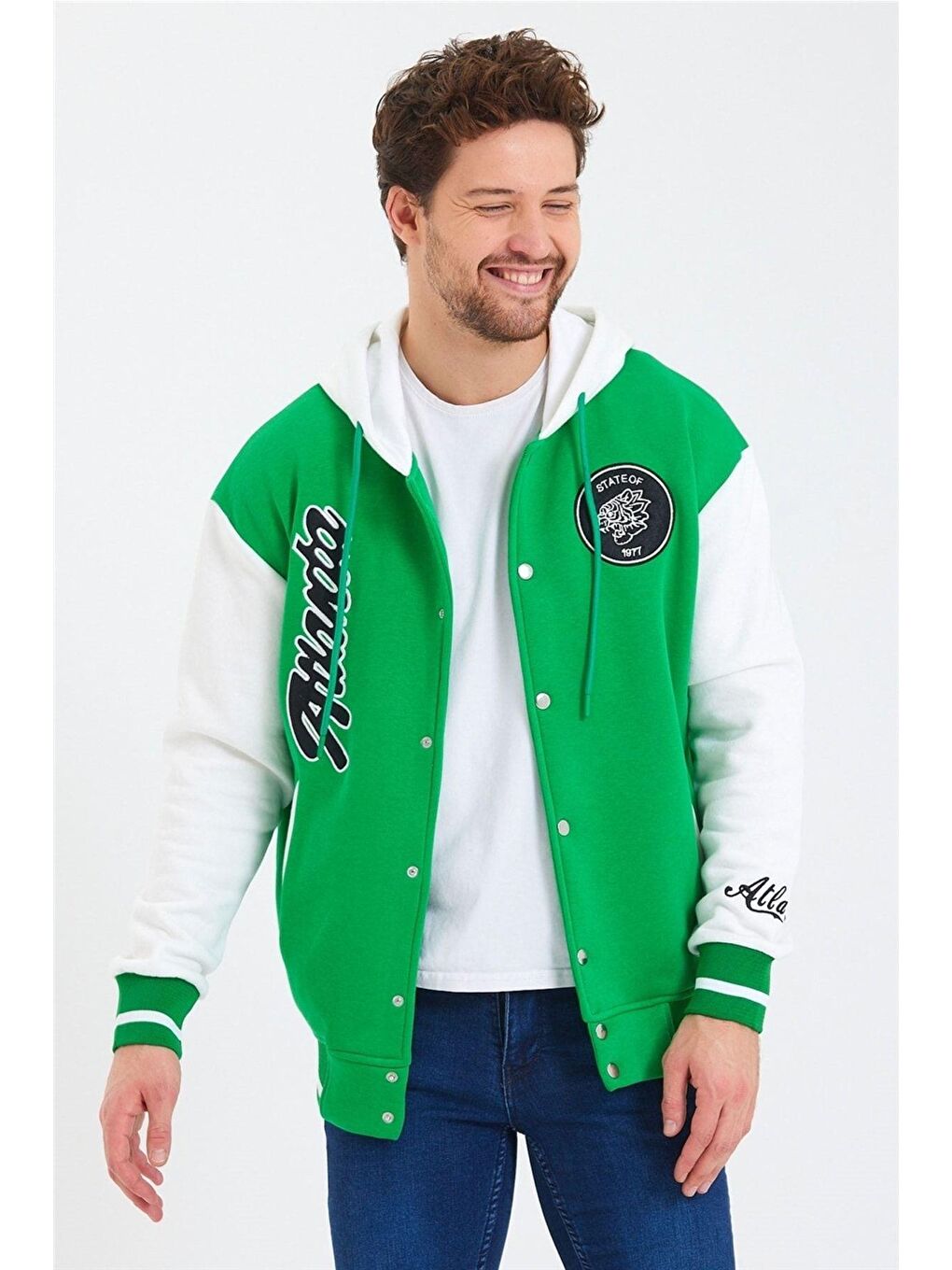 Erkek Yeşil Nakışlı Kapüşonlu Kolej Ceket-3