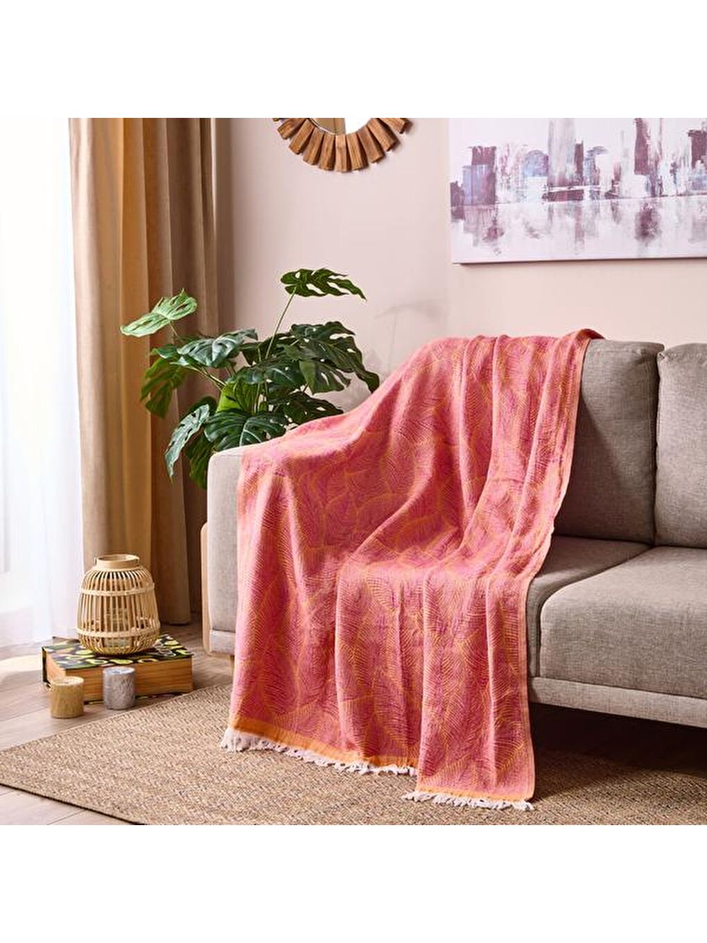 Soft Çiçek Desenli Koltuk Örtüsü - Turuncu / Pembe - 130x170 cm