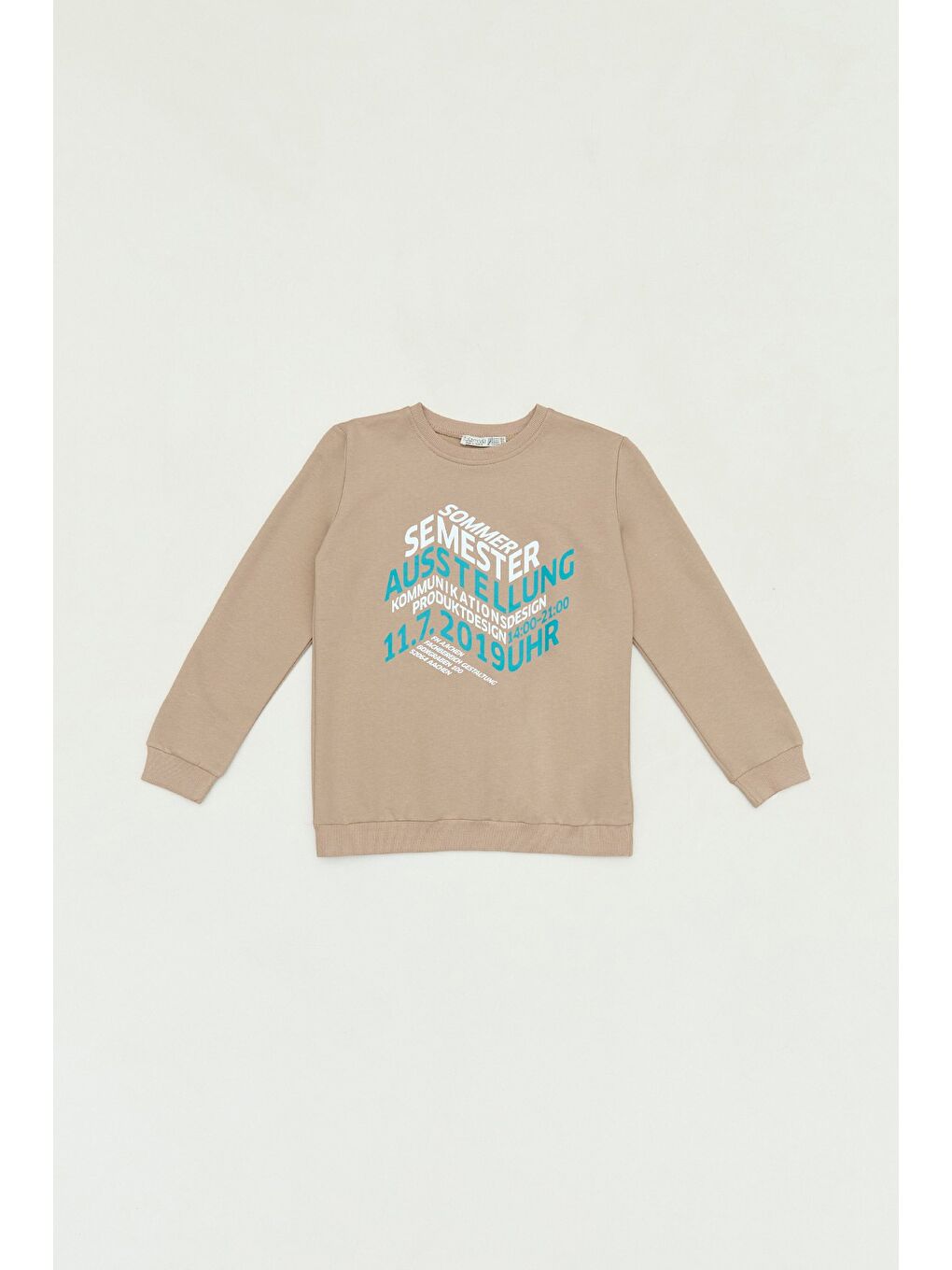 Bej Yazı Baskılı Bisiklet Yaka Erkek Çocuk Sweatshirt