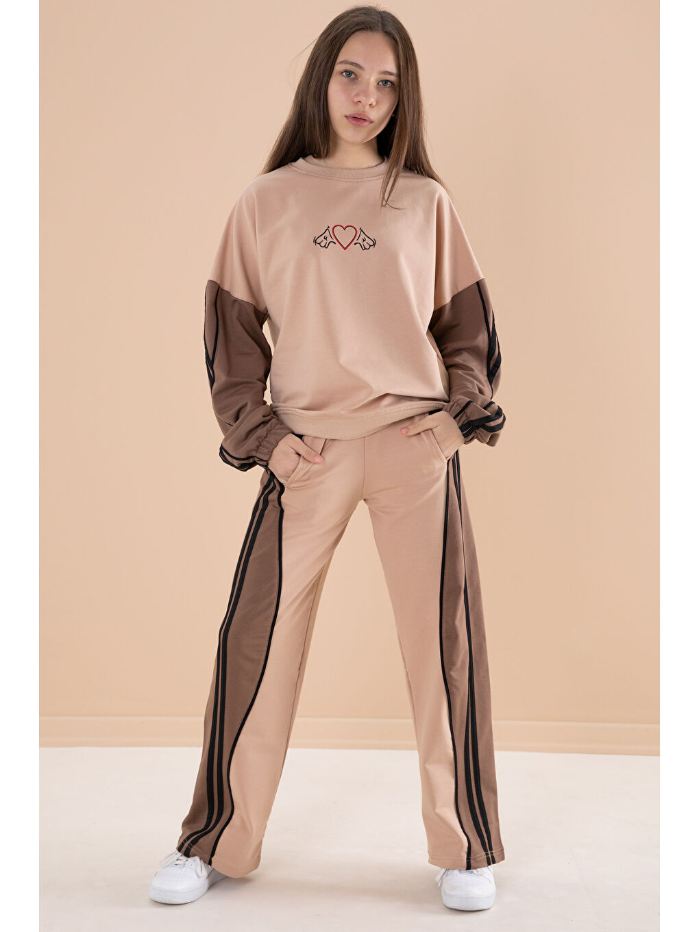 Bej Vizon Yanları Çizgili Kız Çocuk 2'li Takım 20105