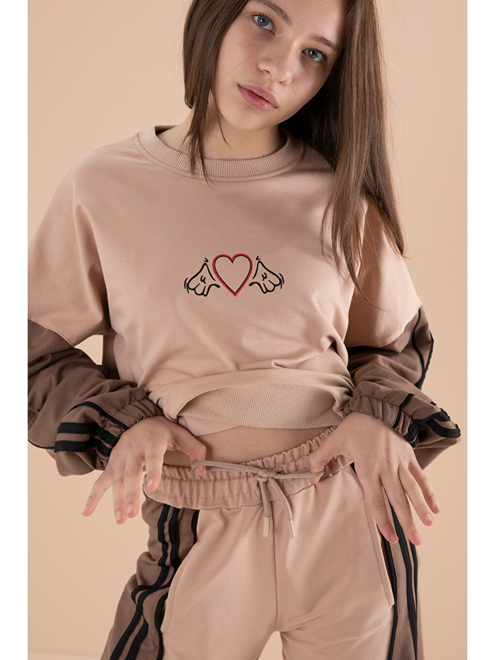 Bej Vizon Yanları Çizgili Kız Çocuk 2'li Takım 20105-1