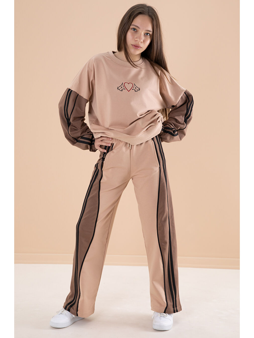 Bej Vizon Yanları Çizgili Kız Çocuk 2'li Takım 20105-2