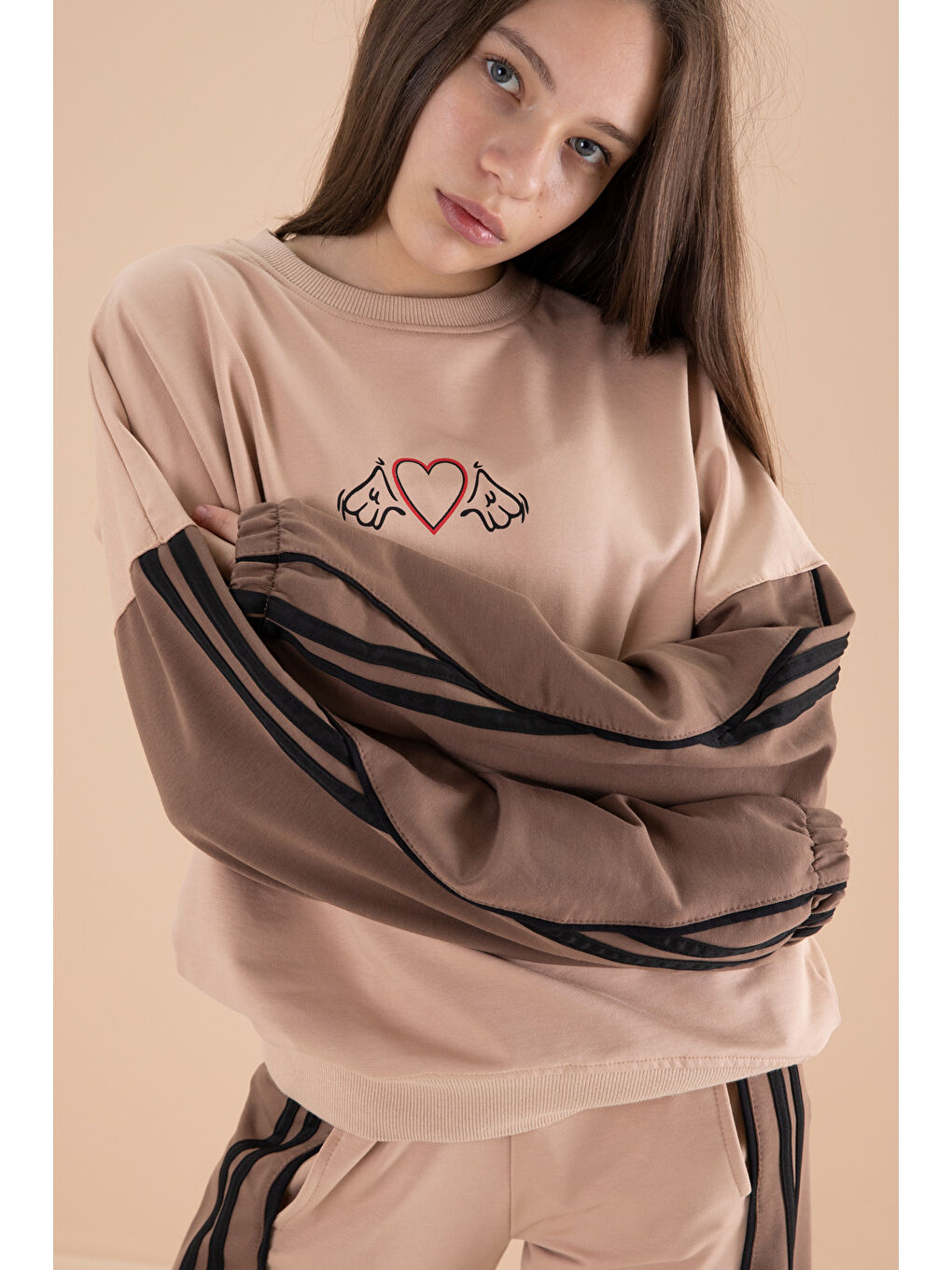 Bej Vizon Yanları Çizgili Kız Çocuk 2'li Takım 20105-3