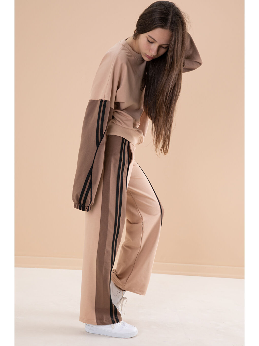Bej Vizon Yanları Çizgili Kız Çocuk 2'li Takım 20105-4