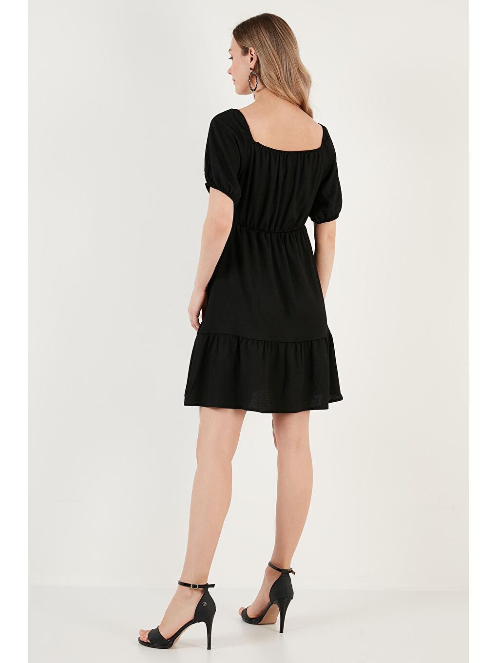 Siyah Önü Büzgülü Balon Kollu Mini Elbise Kadın ELBİSE 5865318-4