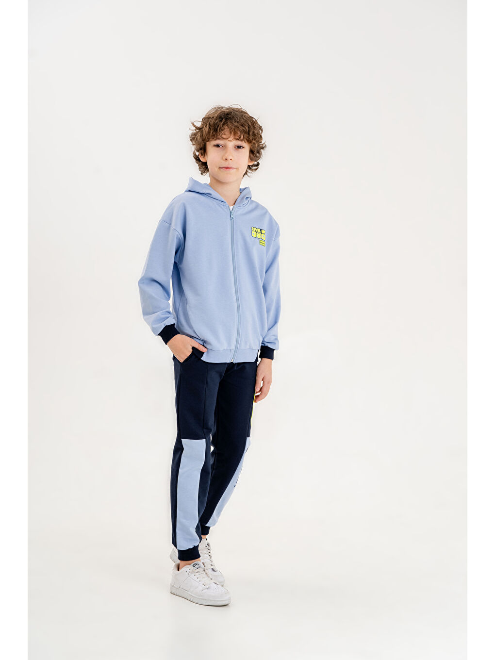 Mışıl Kids Mavi Baskılı Kapüşonlu Erkek Çocuk Sweatshirt Alt   Üst Eşofman Takımı - 1