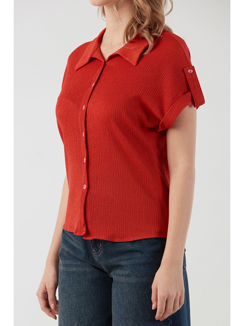 Kırmızı Bürümcük Kumaş Gömlek Yaka Düğmeli Bluz-3