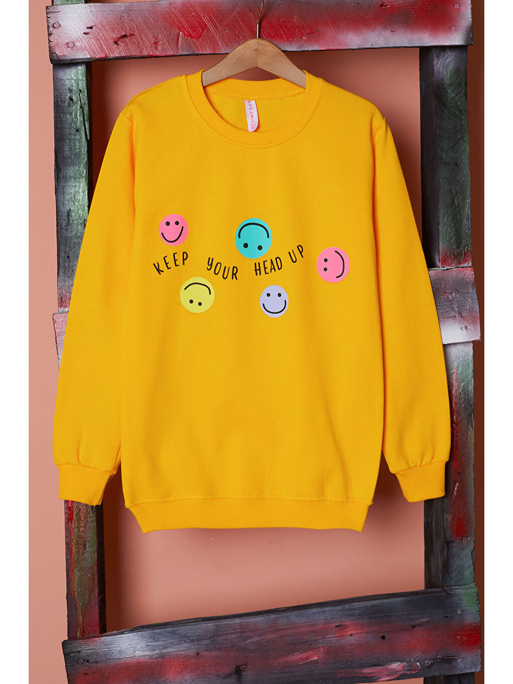 Pembe Life Kids Club Sarı Gülen Yüz Baskılı Kız Çocuk Bisiklet Yaka Sweatshirt 17283 - 1