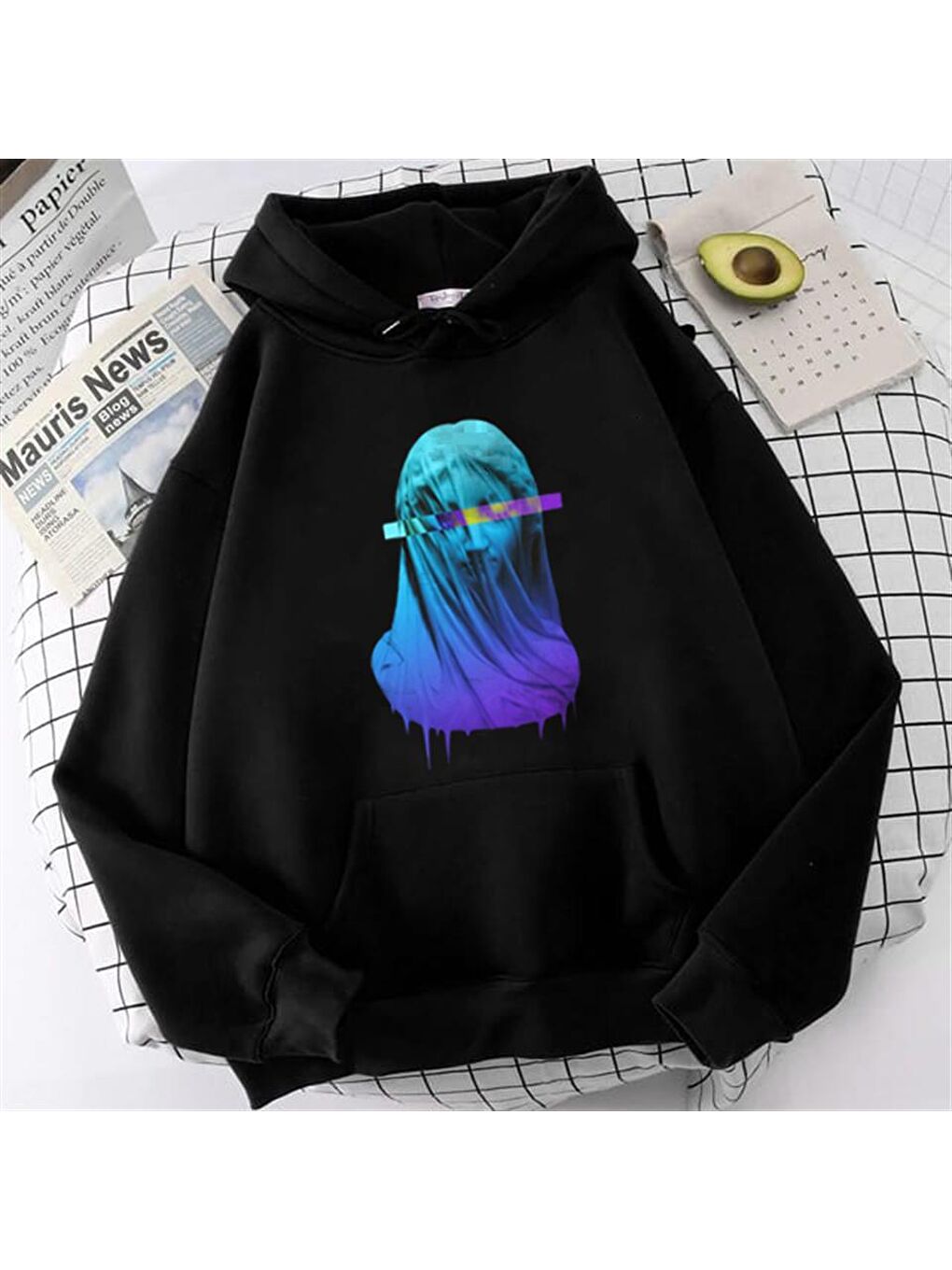 Purple Art Siyah Unisex Kapüşonlu Oversize Sweatshirt Hoodie-1