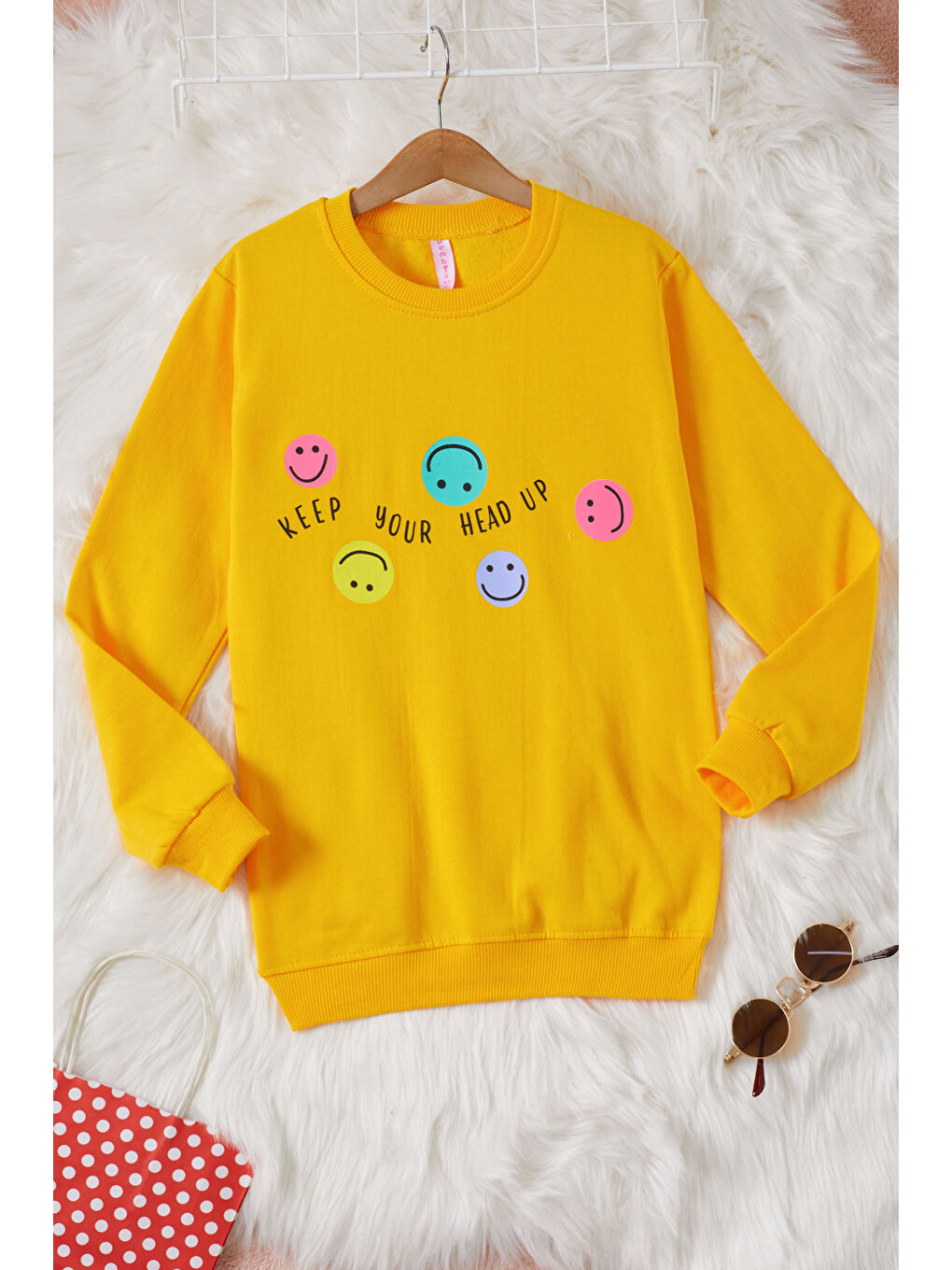 Pembe Life Kids Club Sarı Gülen Yüz Baskılı Kız Çocuk Bisiklet Yaka Sweatshirt 17283 - 2