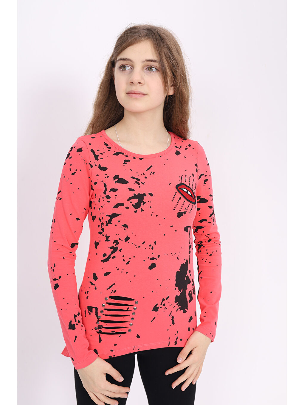 Toontoykids Kırmızı Kız Çocuk Sweatshirt  Lazer Kesim Dudak Nakışlı - 1