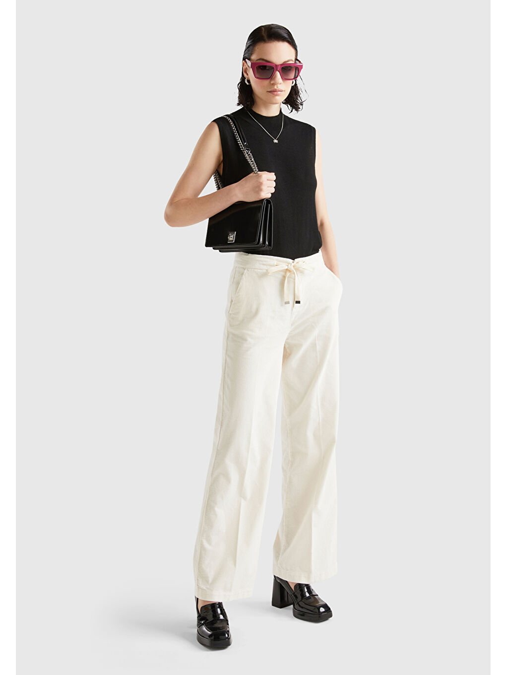 Ekru Kadın Krem Beli İpli Kadife Pantolon-4