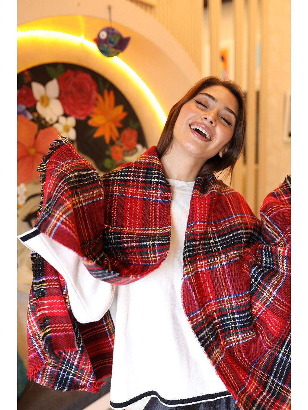 Ekose Desenli Atkı Omuz Şalı 70X180 cm 1202 Kırmızı