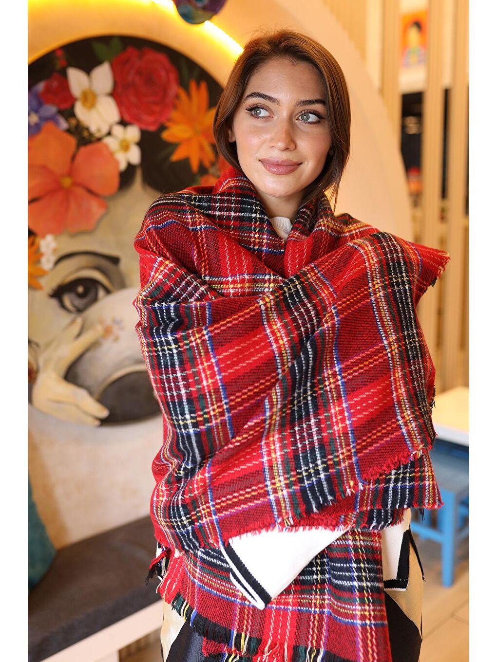 Ekose Desenli Atkı Omuz Şalı 70X180 cm 1202 Kırmızı-1