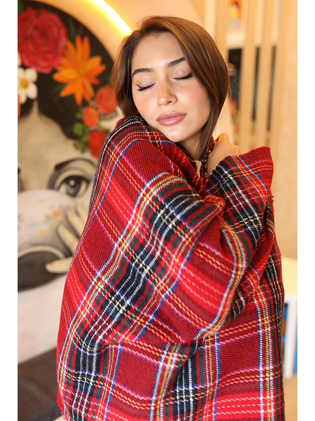 Ekose Desenli Atkı Omuz Şalı 70X180 cm 1202 Kırmızı-3