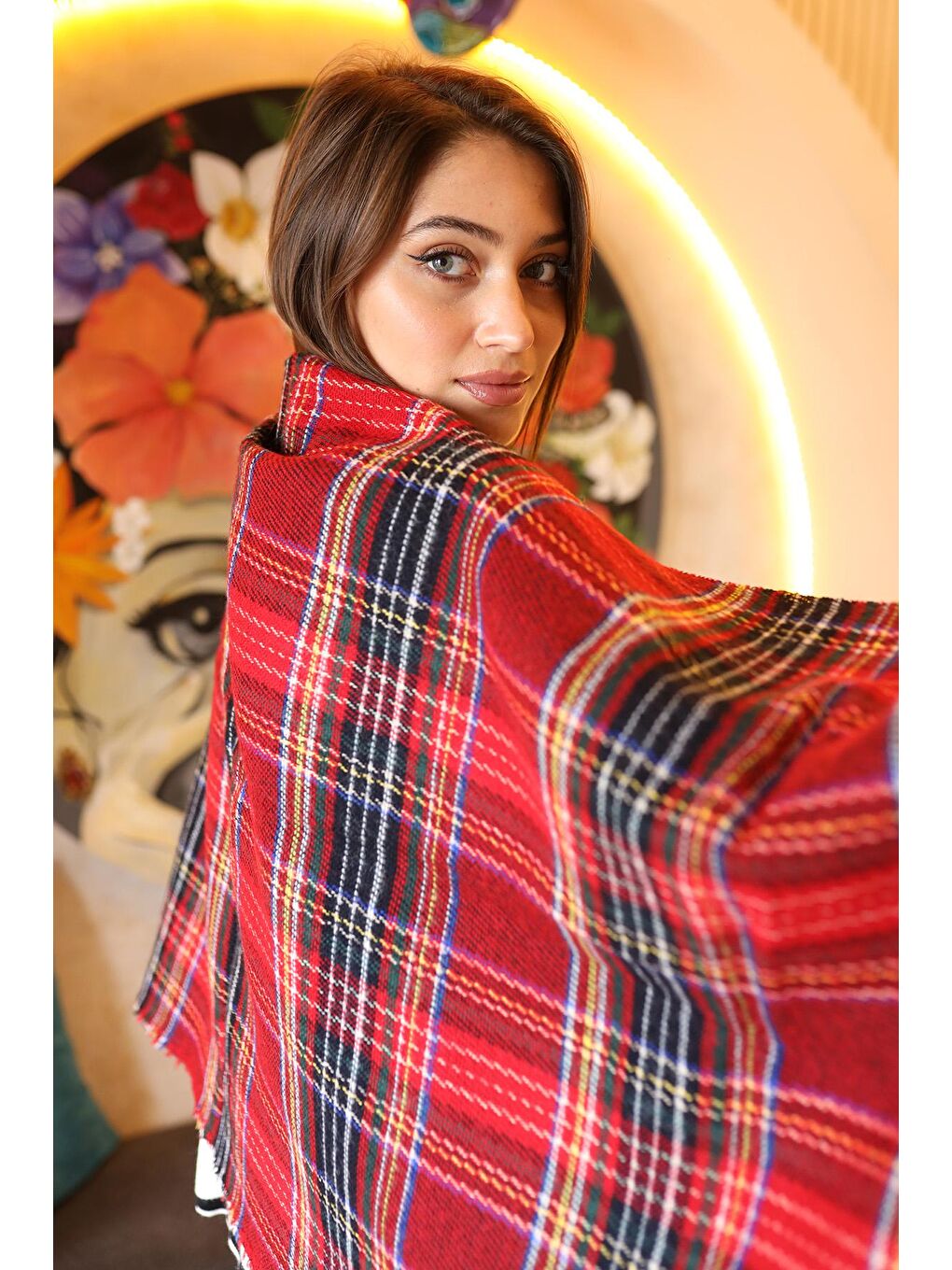 Ekose Desenli Atkı Omuz Şalı 70X180 cm 1202 Kırmızı-4