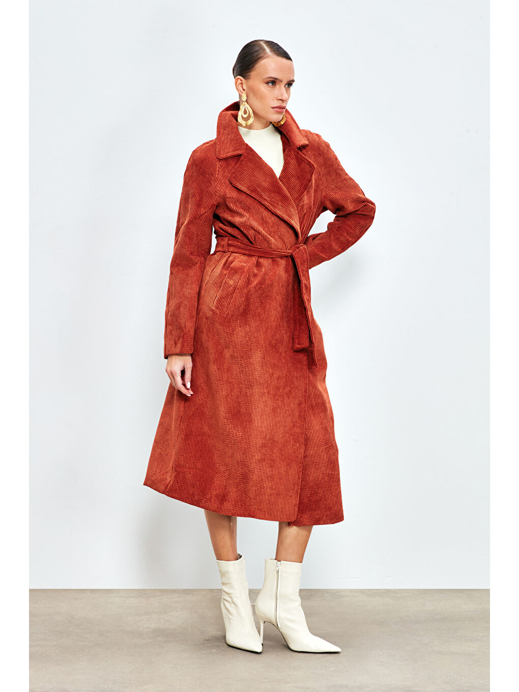 Pembe Uzun Kadife Trençkot - Gül Kurusu