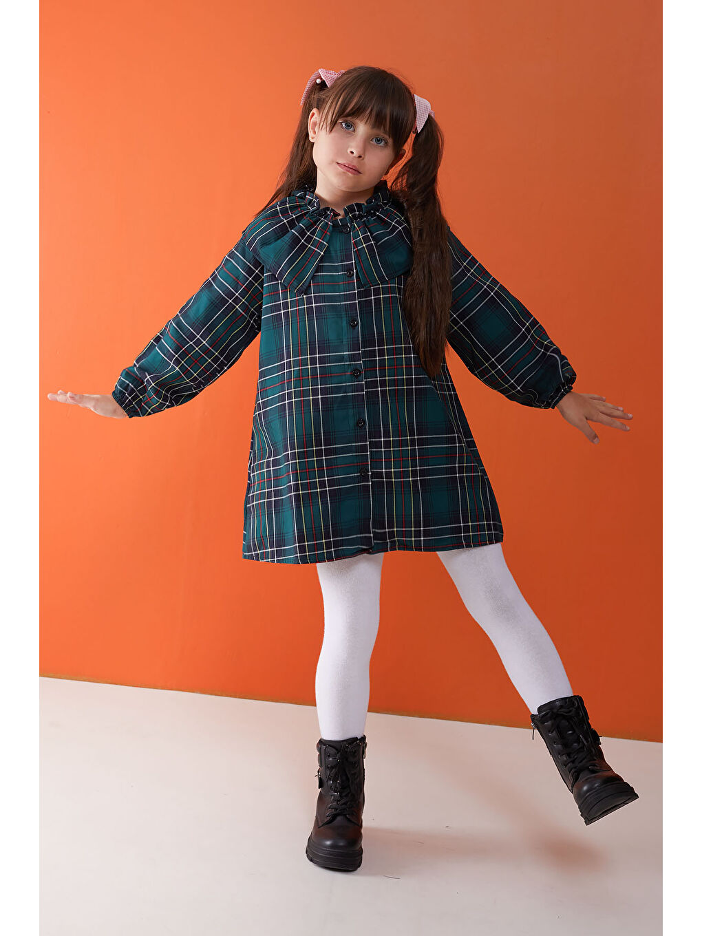 Yeşil Ekose Desenli Uzun Kollu Kız Çocuk Elbise