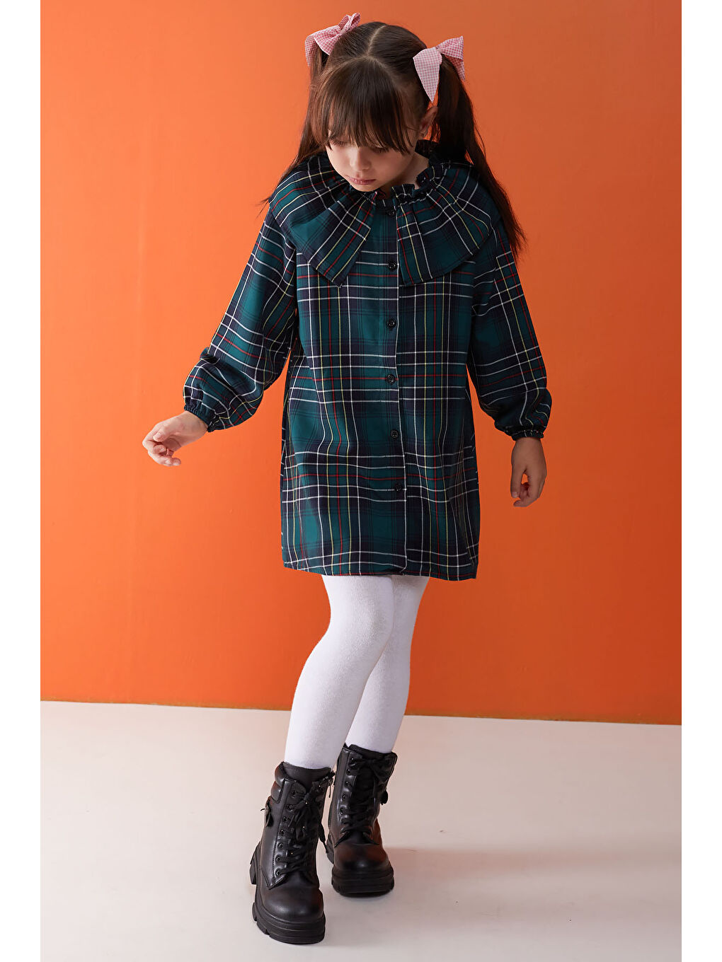 Yeşil Ekose Desenli Uzun Kollu Kız Çocuk Elbise-1