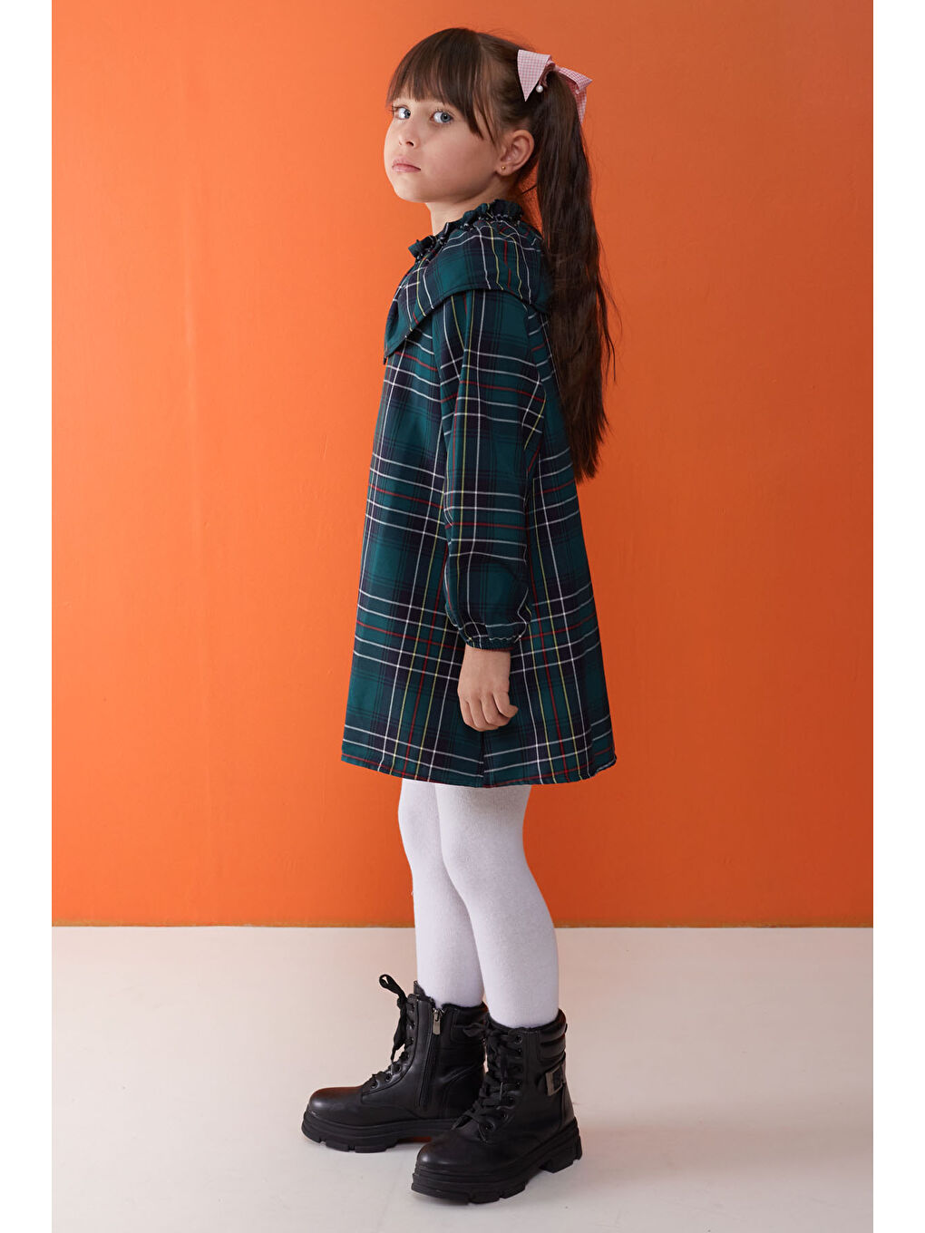 Yeşil Ekose Desenli Uzun Kollu Kız Çocuk Elbise-2