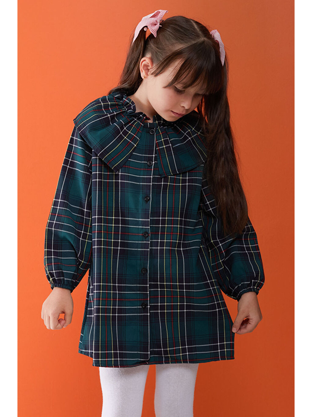 Yeşil Ekose Desenli Uzun Kollu Kız Çocuk Elbise-3