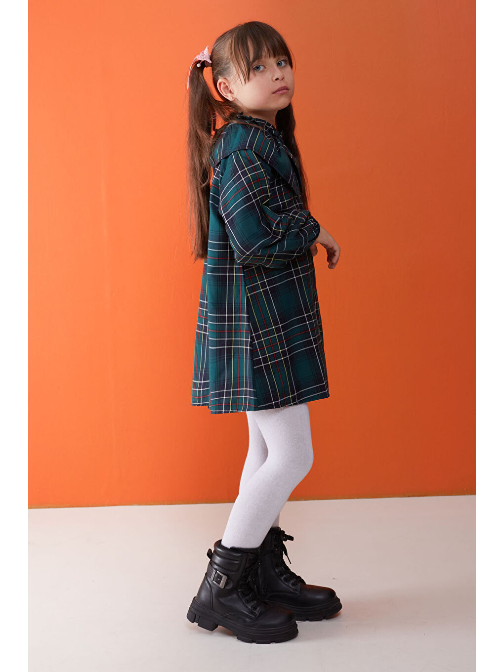 Yeşil Ekose Desenli Uzun Kollu Kız Çocuk Elbise-4