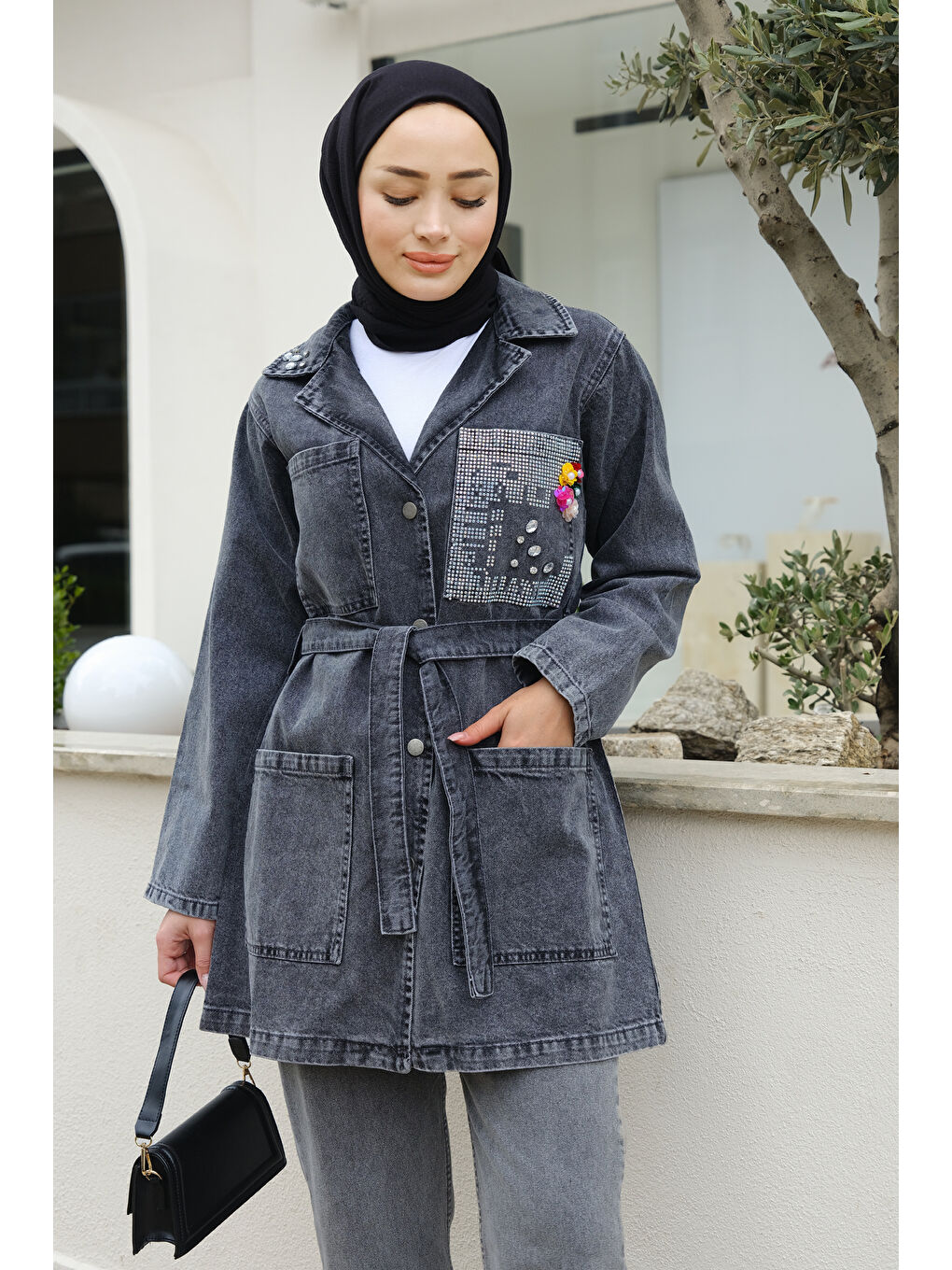 Locco Moda Füme Taş Aksesuarlı Jean Ceket Füme