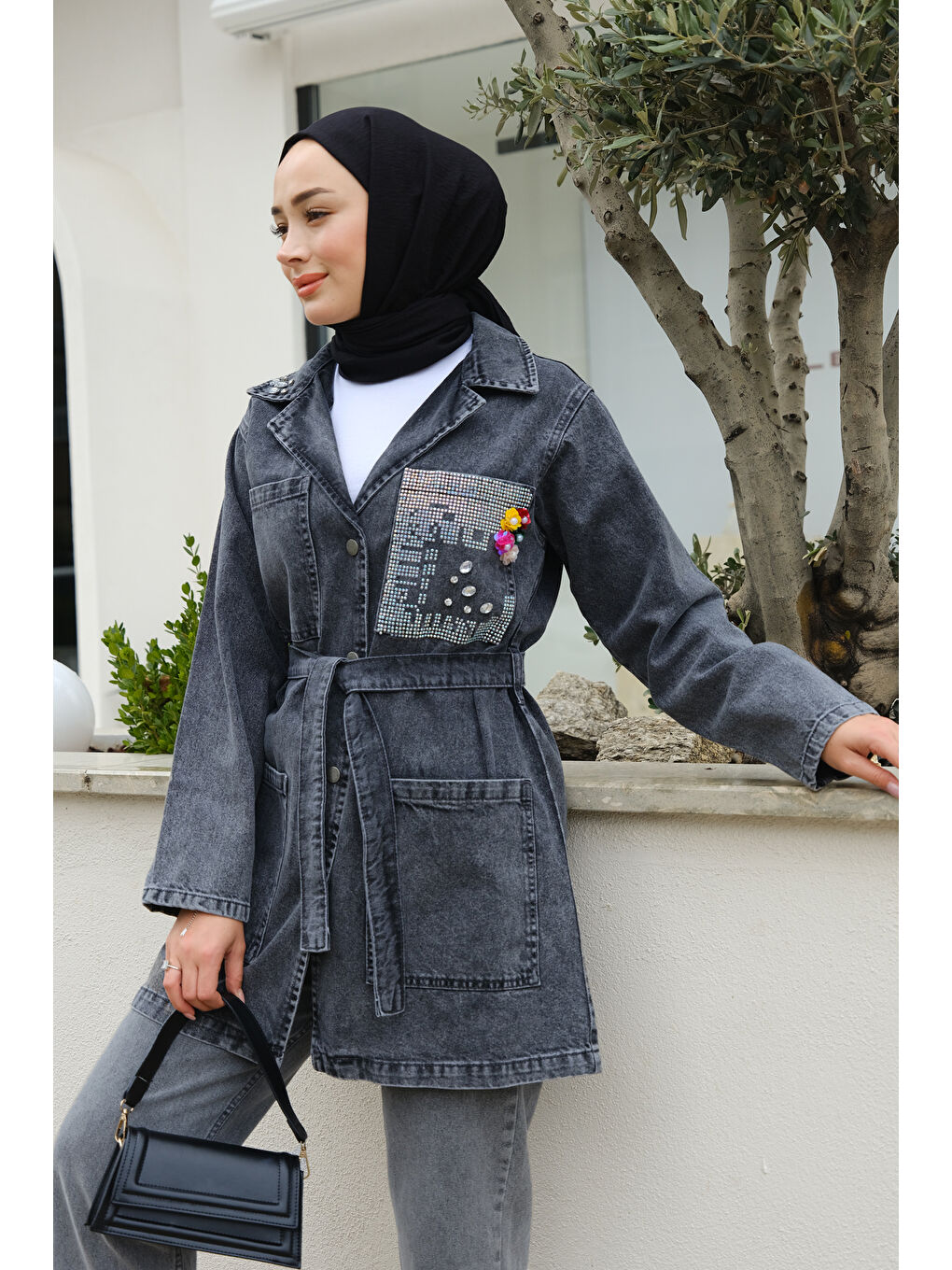 Locco Moda Füme Taş Aksesuarlı Jean Ceket Füme - 1