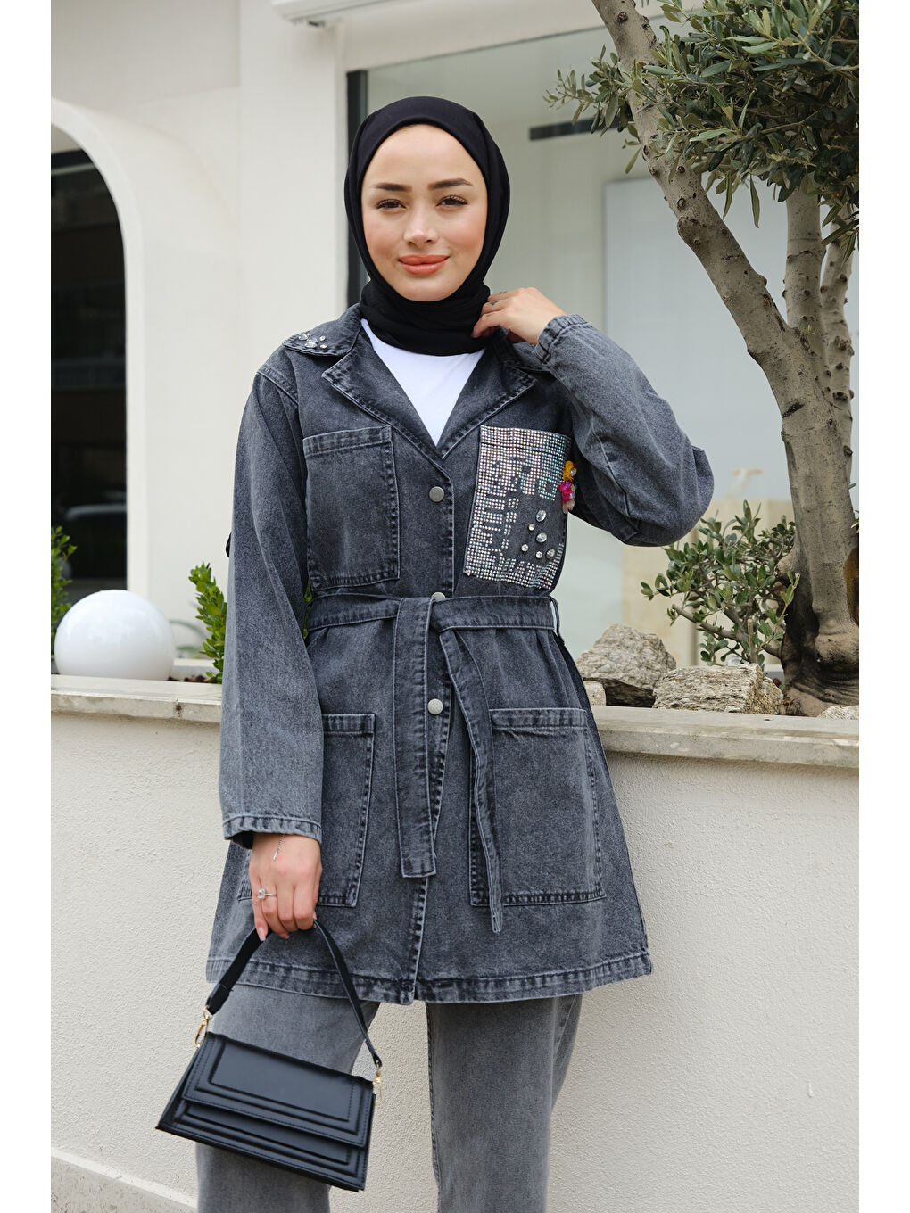 Locco Moda Füme Taş Aksesuarlı Jean Ceket Füme - 2