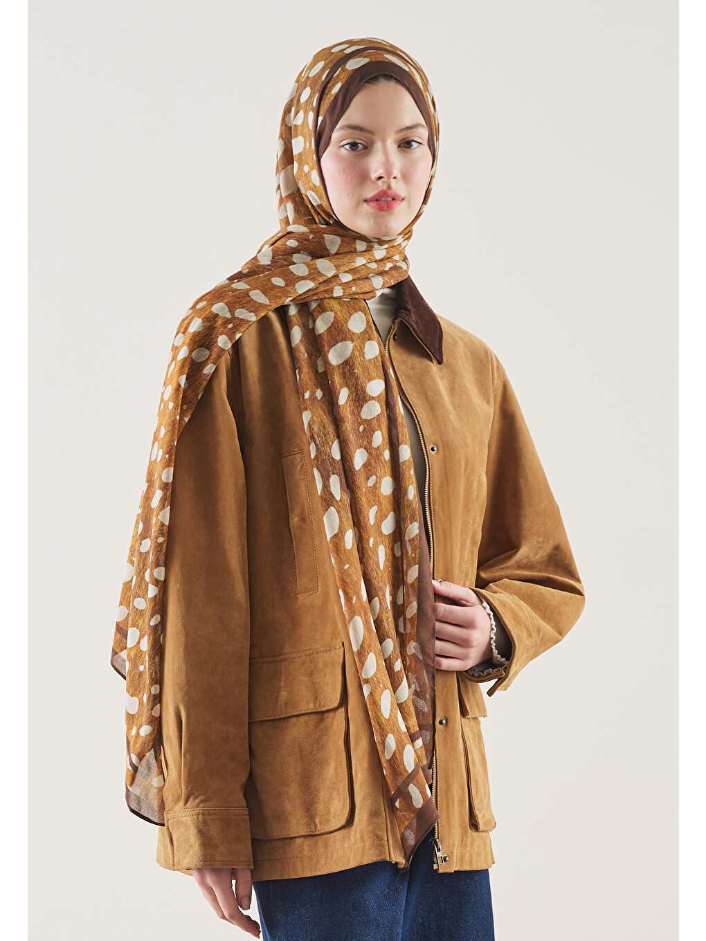 Kahverengi Wıld Fawn Desen Rami Şal Camel-4