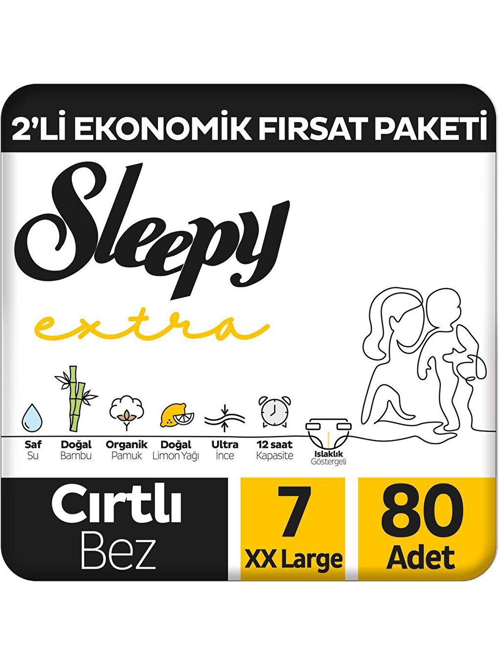 Sleepy Extra Günlük Aktivite 2'li Ekonomik Fırsat Paketi Bebek Bezi 7 Numara Xxlarge 80 Adet