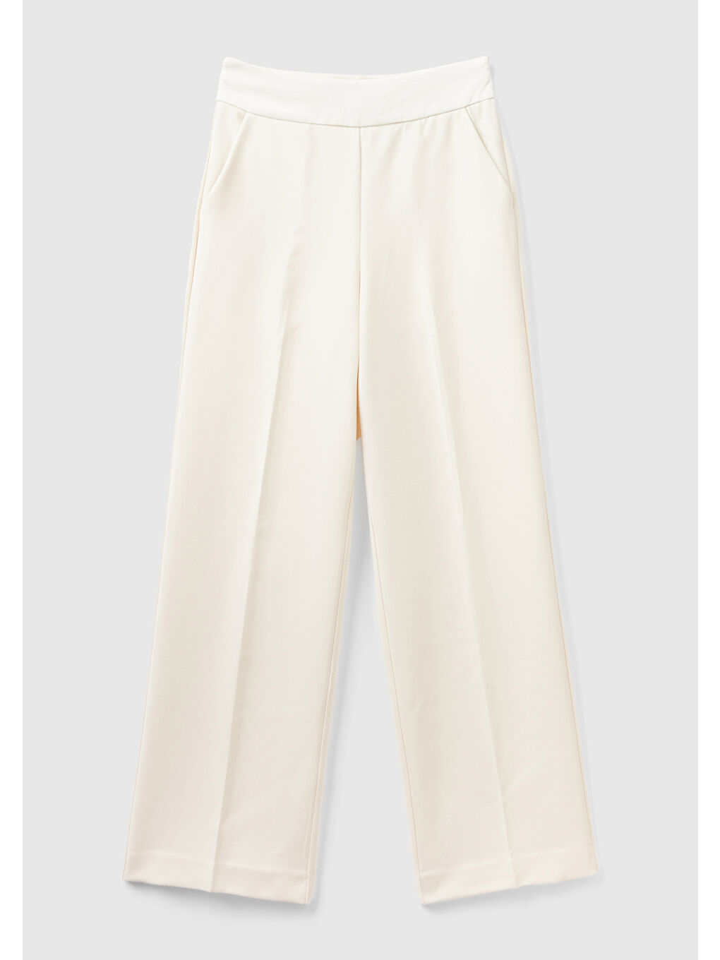 Ekru Kadın Krem Geniş Paça Yüksel Bel Saten Detaylı Pantolon-1