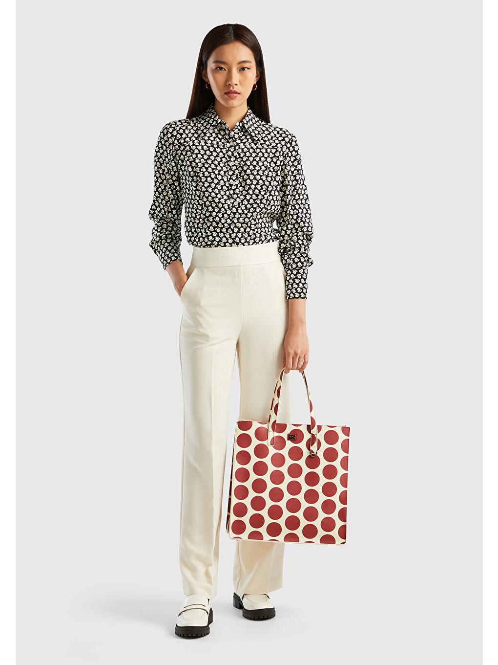 Ekru Kadın Krem Geniş Paça Yüksel Bel Saten Detaylı Pantolon-4