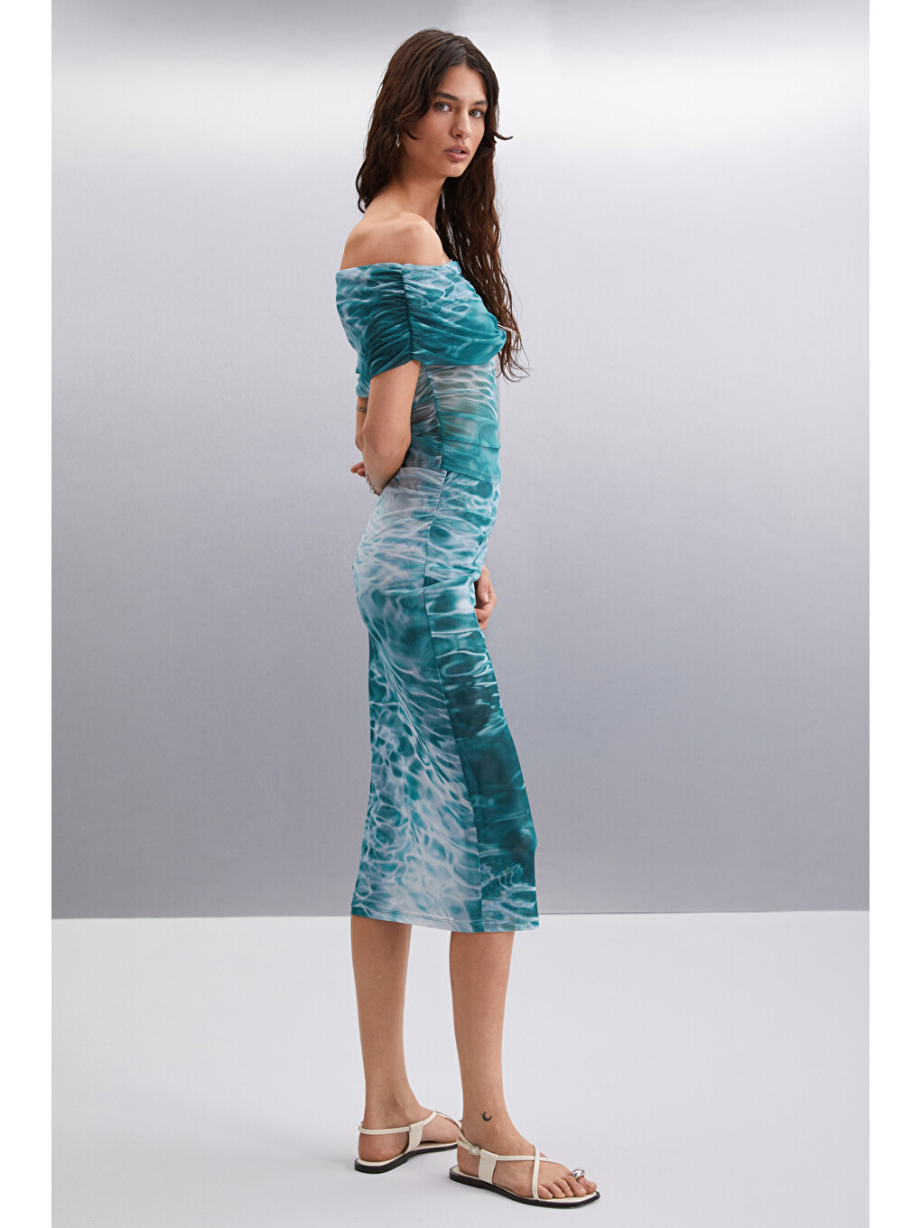 Javıera Kadın Slim Fit Su Desenli Tül Astarlı Siyah-renklidesenli Etek-3