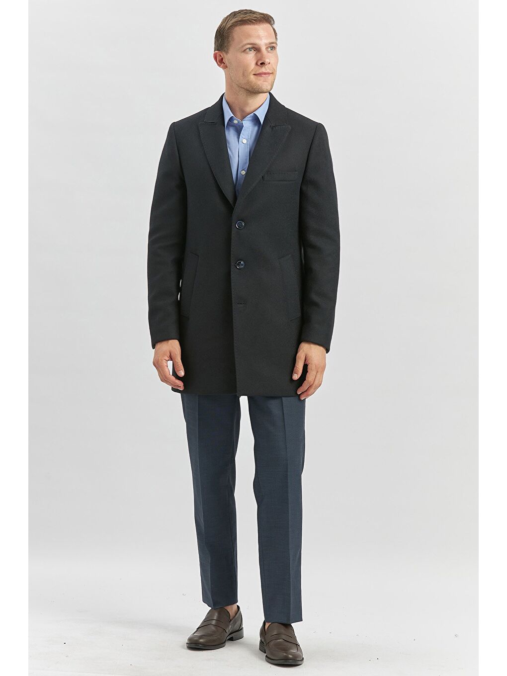 Koyu Lacivert Kaşe Kırlangıç Yaka Yırtmaçlı Kapitoneli Astar Comfort Fit Palto 1005245157-2